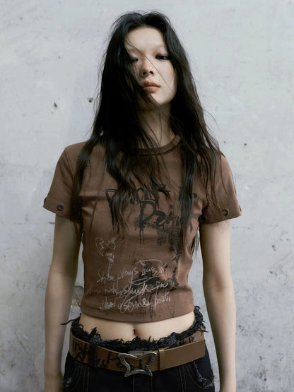 Chinese Clothing Cest Nous Update Punk Graffiti Cropped Tee V-neck T-shirt Long Sleeve