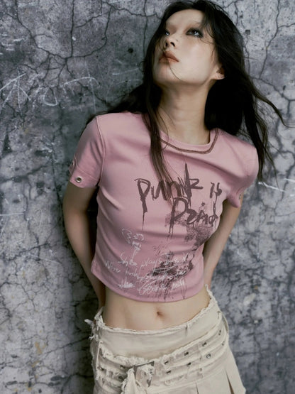 Chinese Clothing Cest Nous Update Punk Graffiti Cropped Tee V-neck T-shirt Long Sleeve