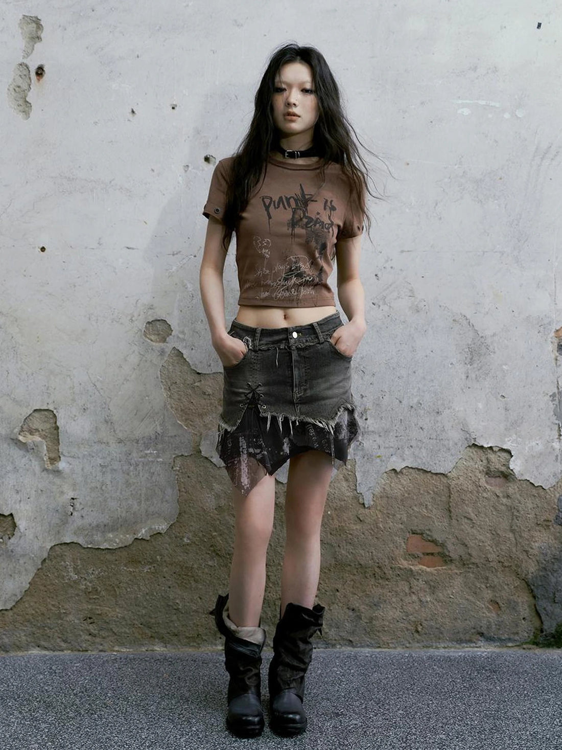 Chinese Clothing Cest Nous Update Punk Graffiti Cropped Tee V-neck T-shirt Long Sleeve