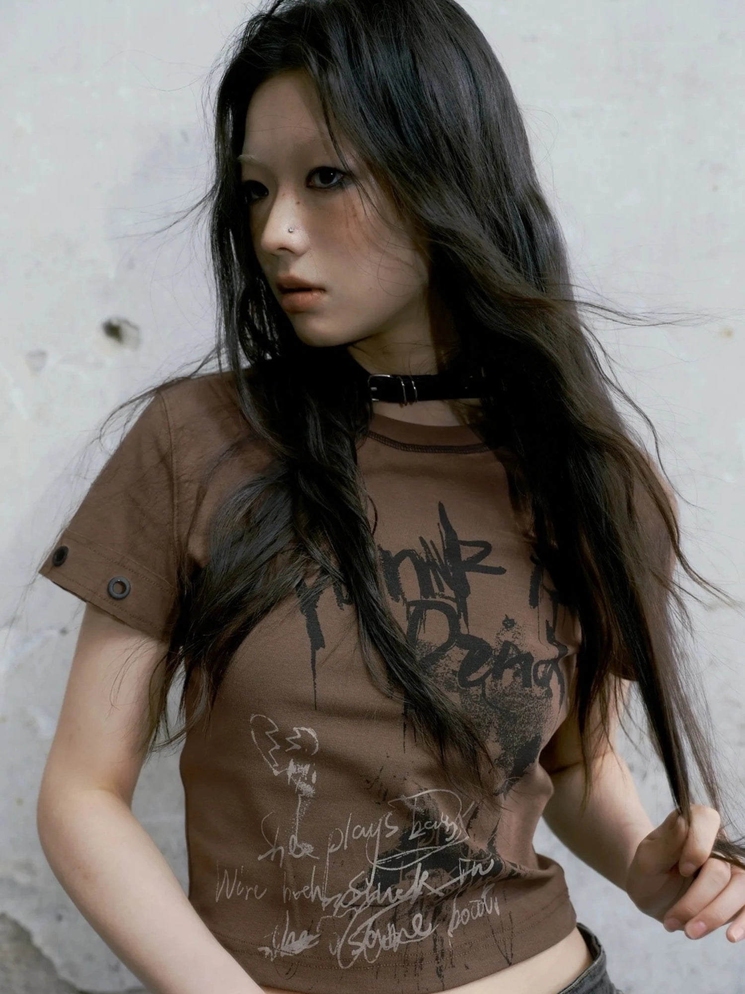 Chinese Clothing Cest Nous Update Punk Graffiti Cropped Tee V-neck T-shirt Long Sleeve