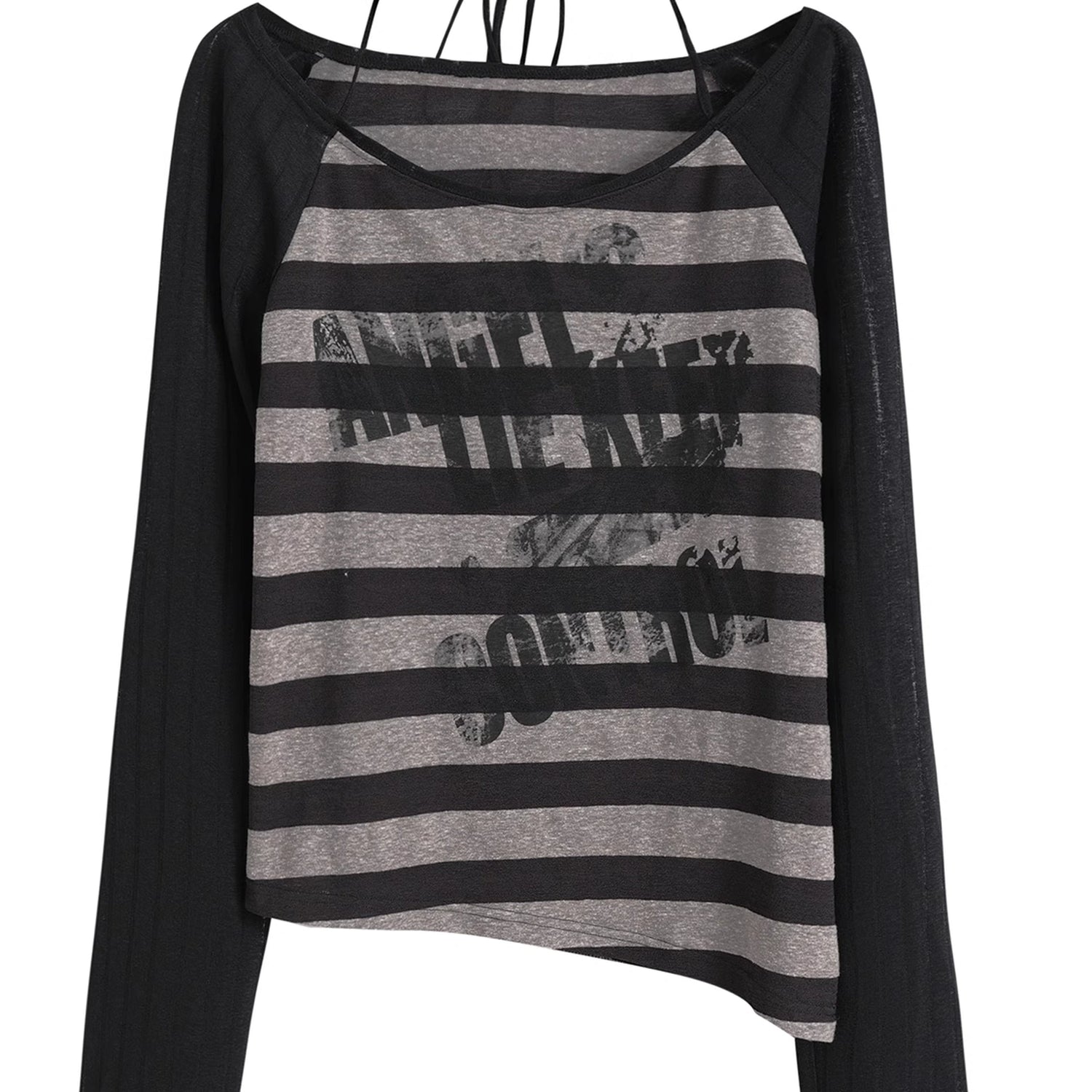 Chinese Clothing Cest Nous Update Punk Graffiti Sheer Striped Cover Up V-neck T-shirt Long Sleeve MISSTT