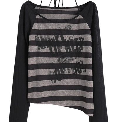 Chinese Clothing Cest Nous Update Punk Graffiti Sheer Striped Cover Up V-neck T-shirt Long Sleeve MISSTT