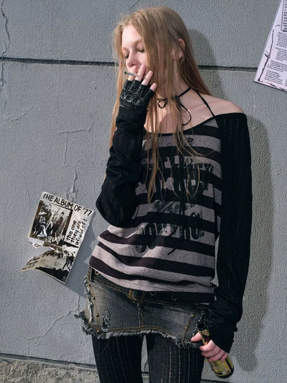 Chinese Clothing Cest Nous Update Punk Graffiti Sheer Striped Cover Up V-neck T-shirt Long Sleeve