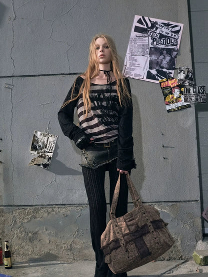 Chinese Clothing Cest Nous Update Punk Graffiti Sheer Striped Cover Up V-neck T-shirt Long Sleeve