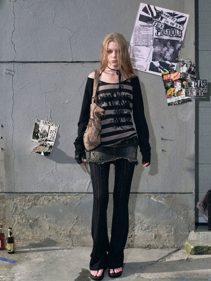 Chinese Clothing Cest Nous Update Punk Graffiti Sheer Striped Cover Up V-neck T-shirt Long Sleeve