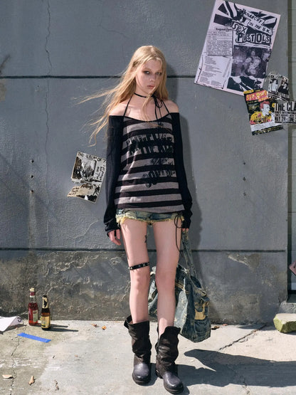 Chinese Clothing Cest Nous Update Punk Graffiti Sheer Striped Cover Up V-neck T-shirt Long Sleeve