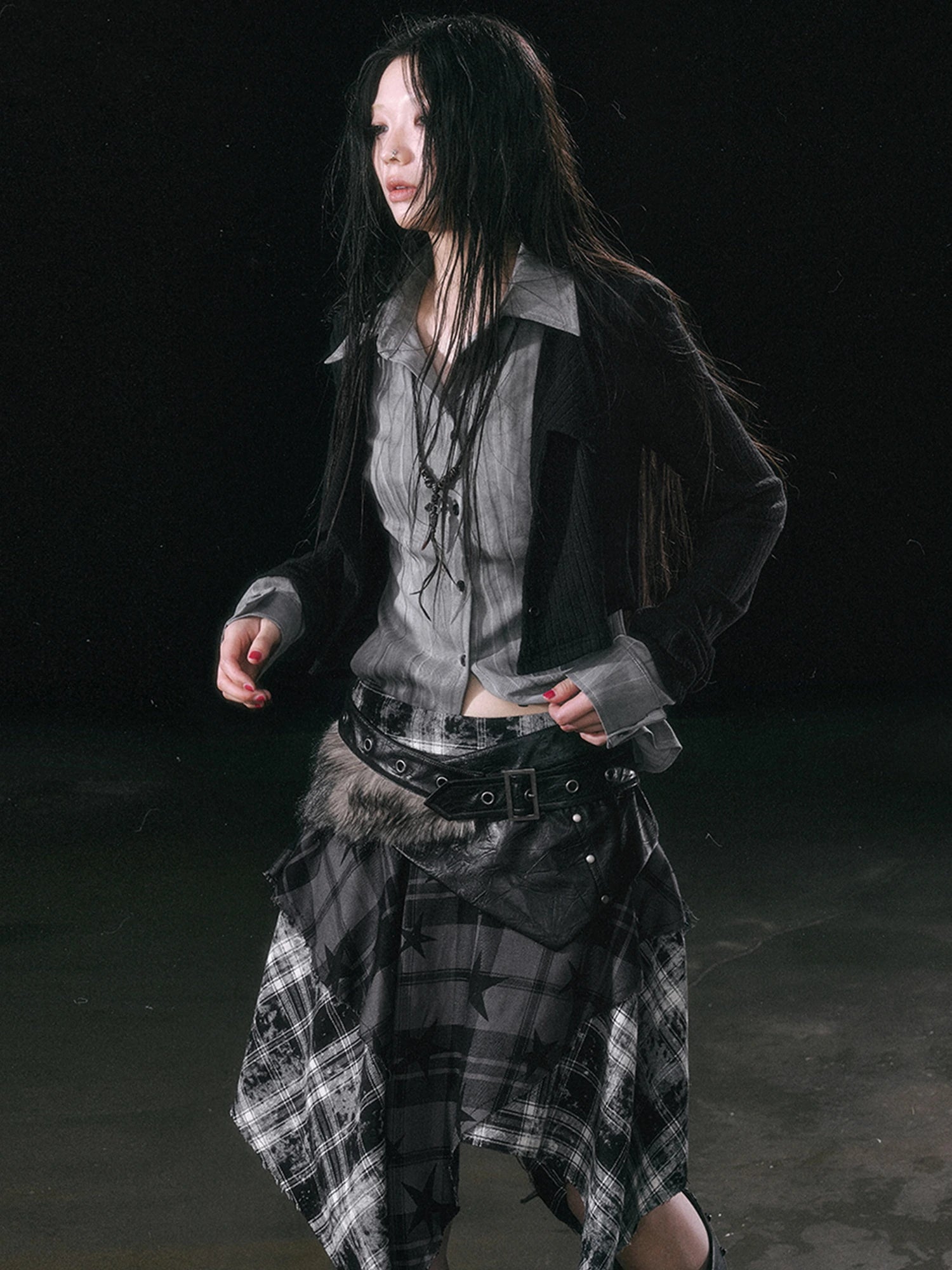 Chinese Clothing Cest Nous Update Punk Grunge Frayed Checkerboard Midi Skirt With Detachable Belt