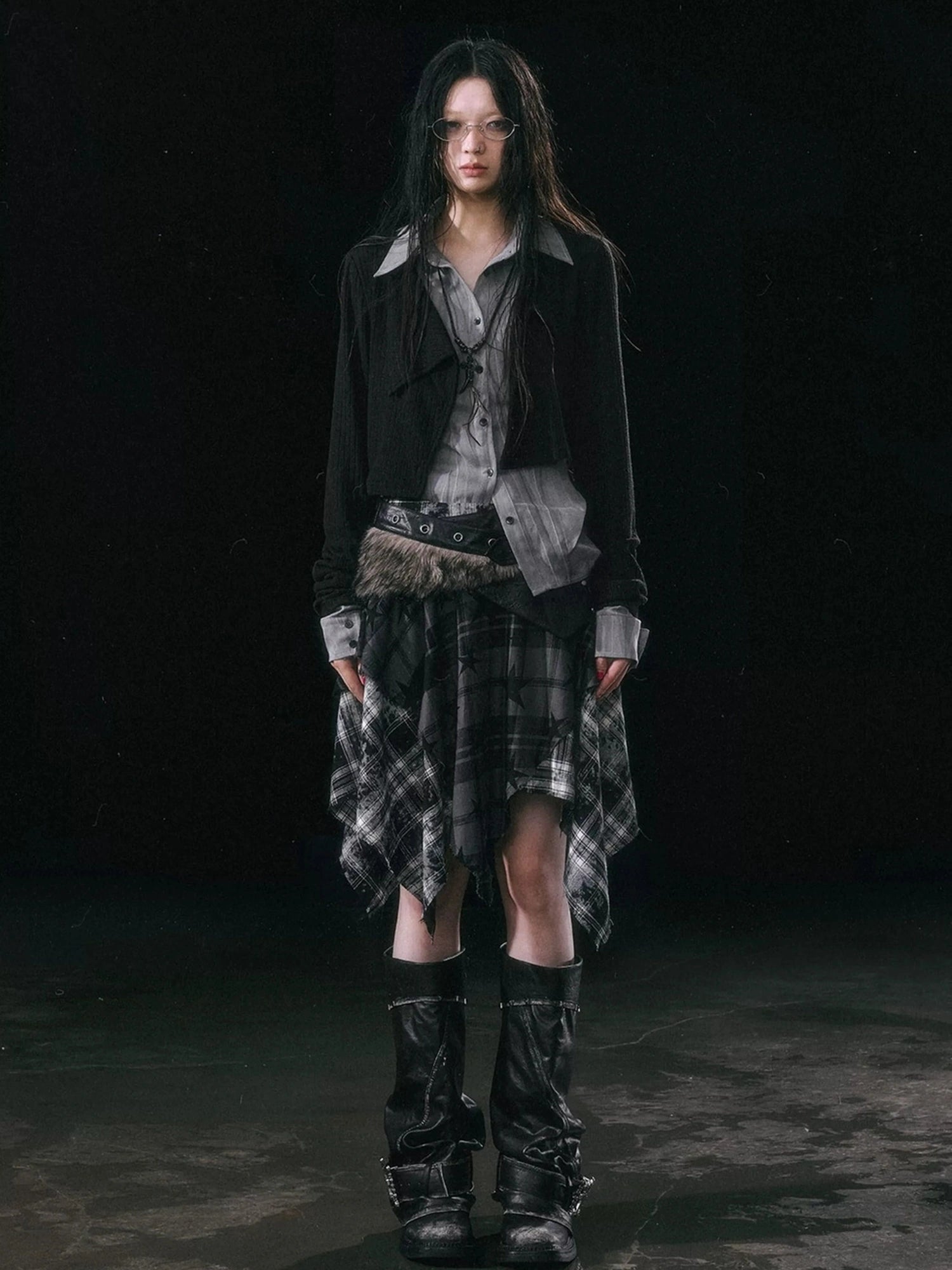 Chinese Clothing Cest Nous Update Punk Grunge Frayed Checkerboard Midi Skirt With Detachable Belt