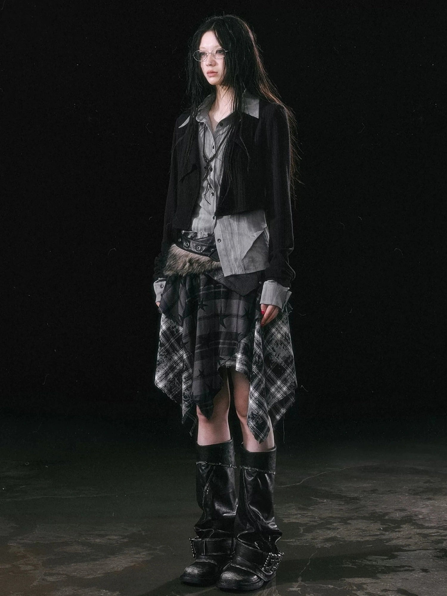Chinese Clothing Cest Nous Update Punk Grunge Frayed Checkerboard Midi Skirt With Detachable Belt