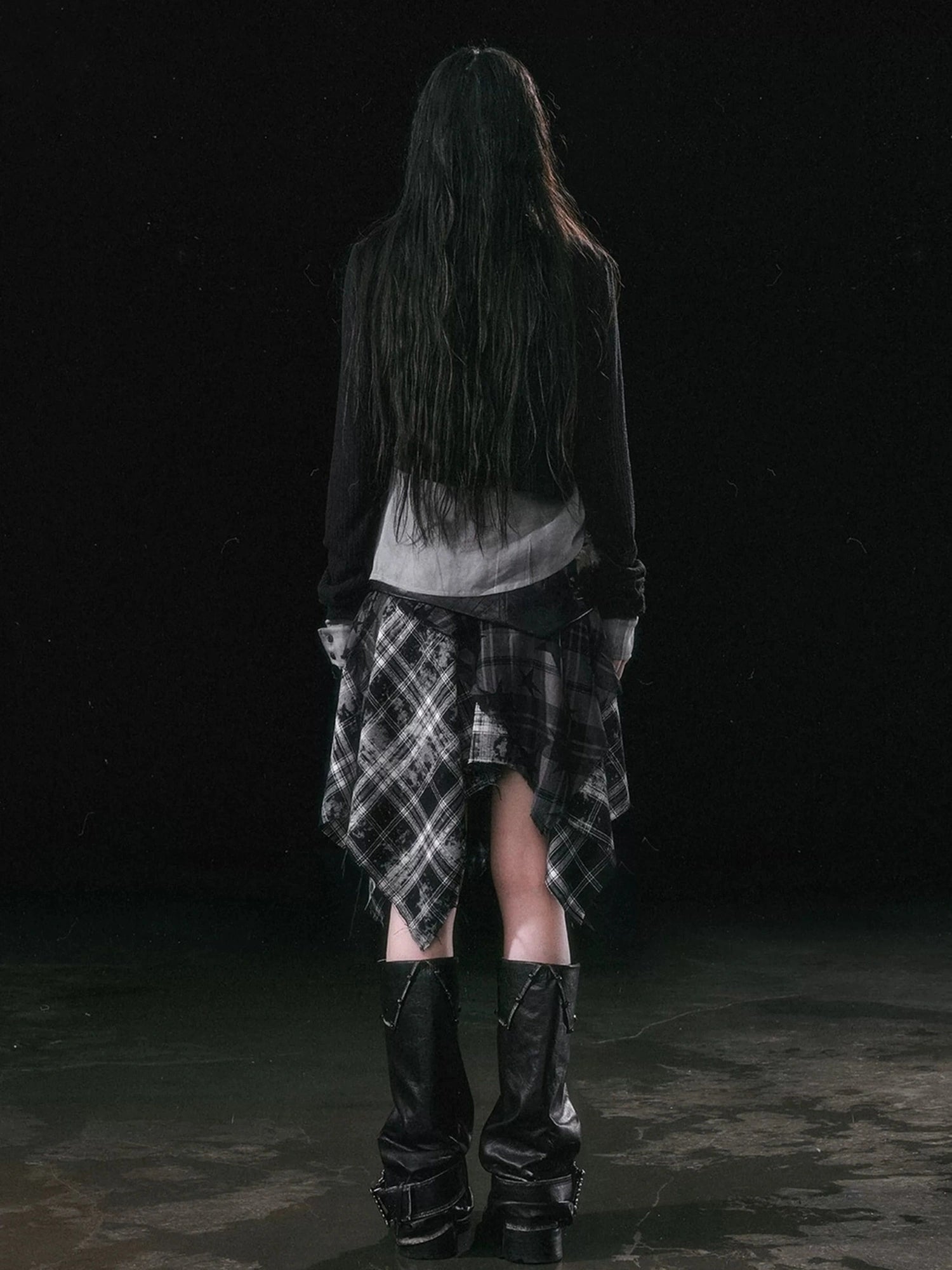 Chinese Clothing Cest Nous Update Punk Grunge Frayed Checkerboard Midi Skirt With Detachable Belt