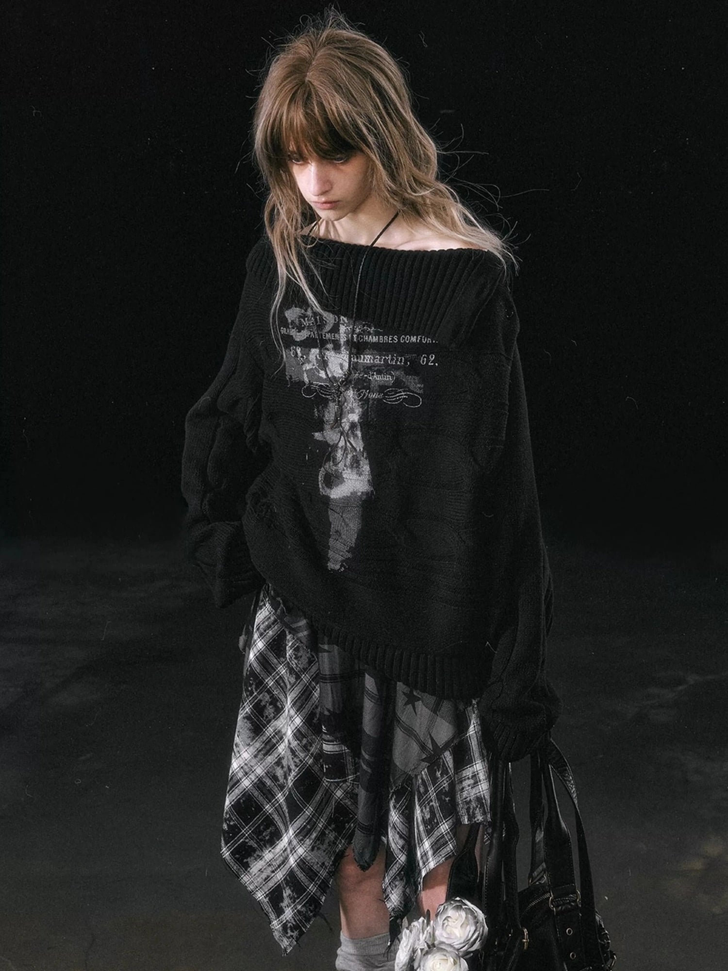 Chinese Clothing Cest Nous Update Punk Grunge Frayed Checkerboard Midi Skirt With Detachable Belt