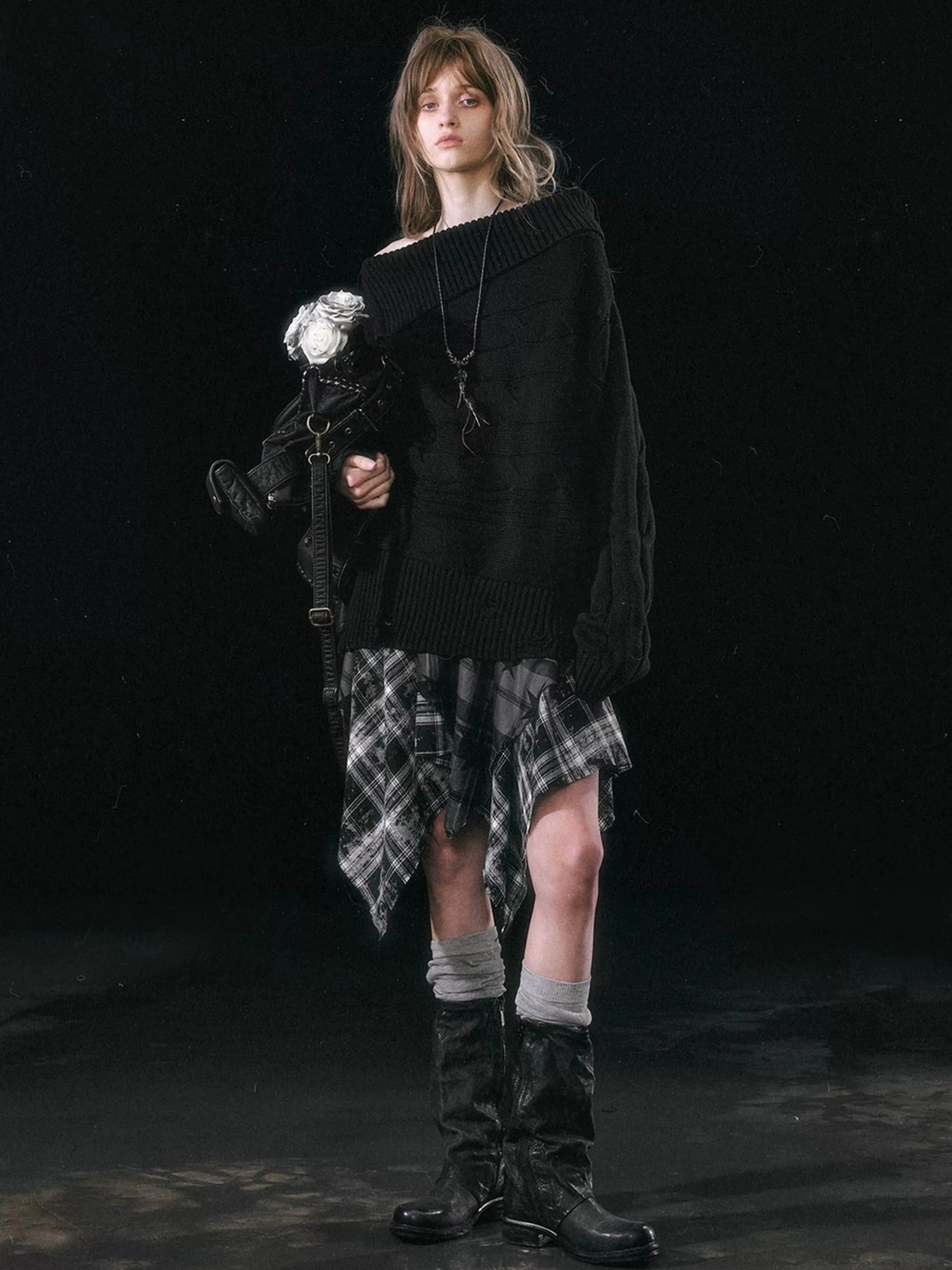 Chinese Clothing Cest Nous Update Punk Grunge Frayed Checkerboard Midi Skirt With Detachable Belt