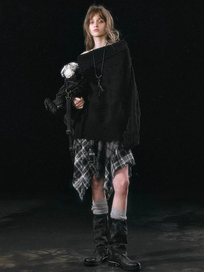 Chinese Clothing Cest Nous Update Punk Grunge Frayed Checkerboard Midi Skirt With Detachable Belt