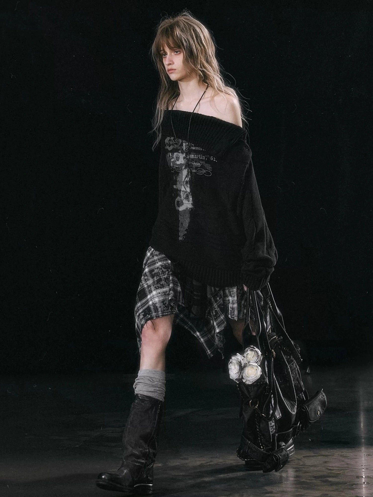 Chinese Clothing Cest Nous Update Punk Grunge Frayed Checkerboard Midi Skirt With Detachable Belt