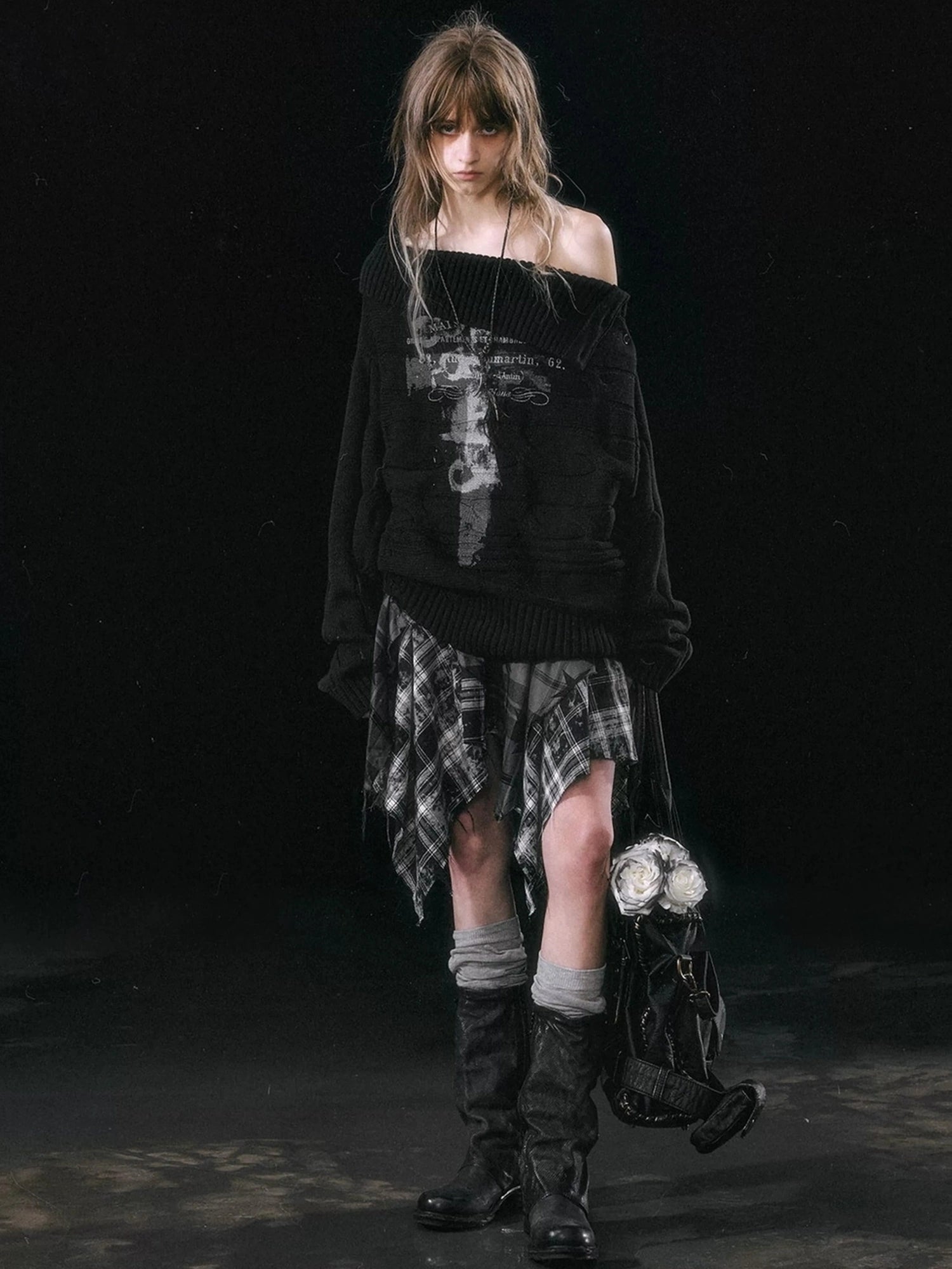 Chinese Clothing Cest Nous Update Punk Grunge Frayed Checkerboard Midi Skirt With Detachable Belt