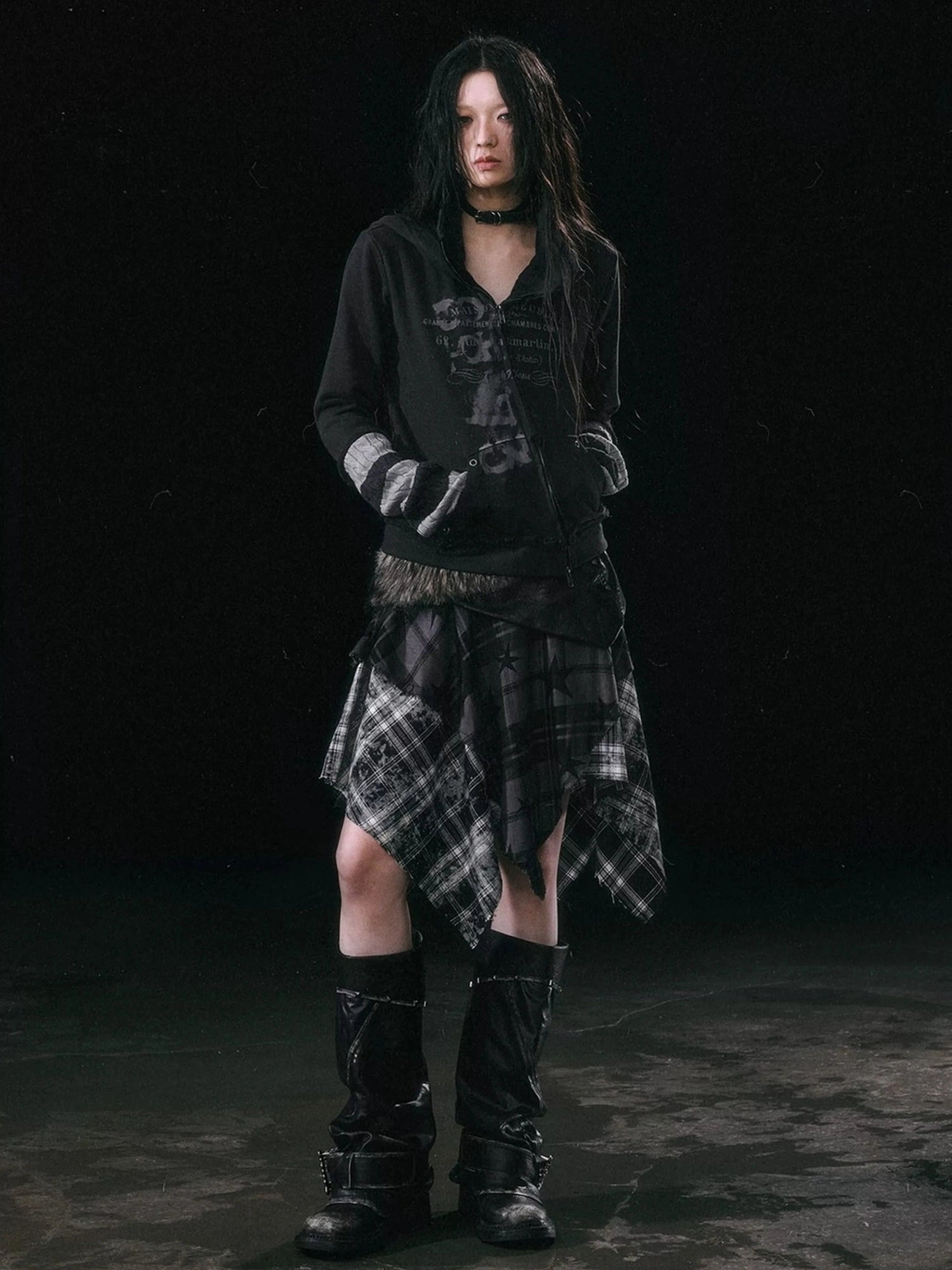Chinese Clothing Cest Nous Update Punk Grunge Frayed Checkerboard Midi Skirt With Detachable Belt