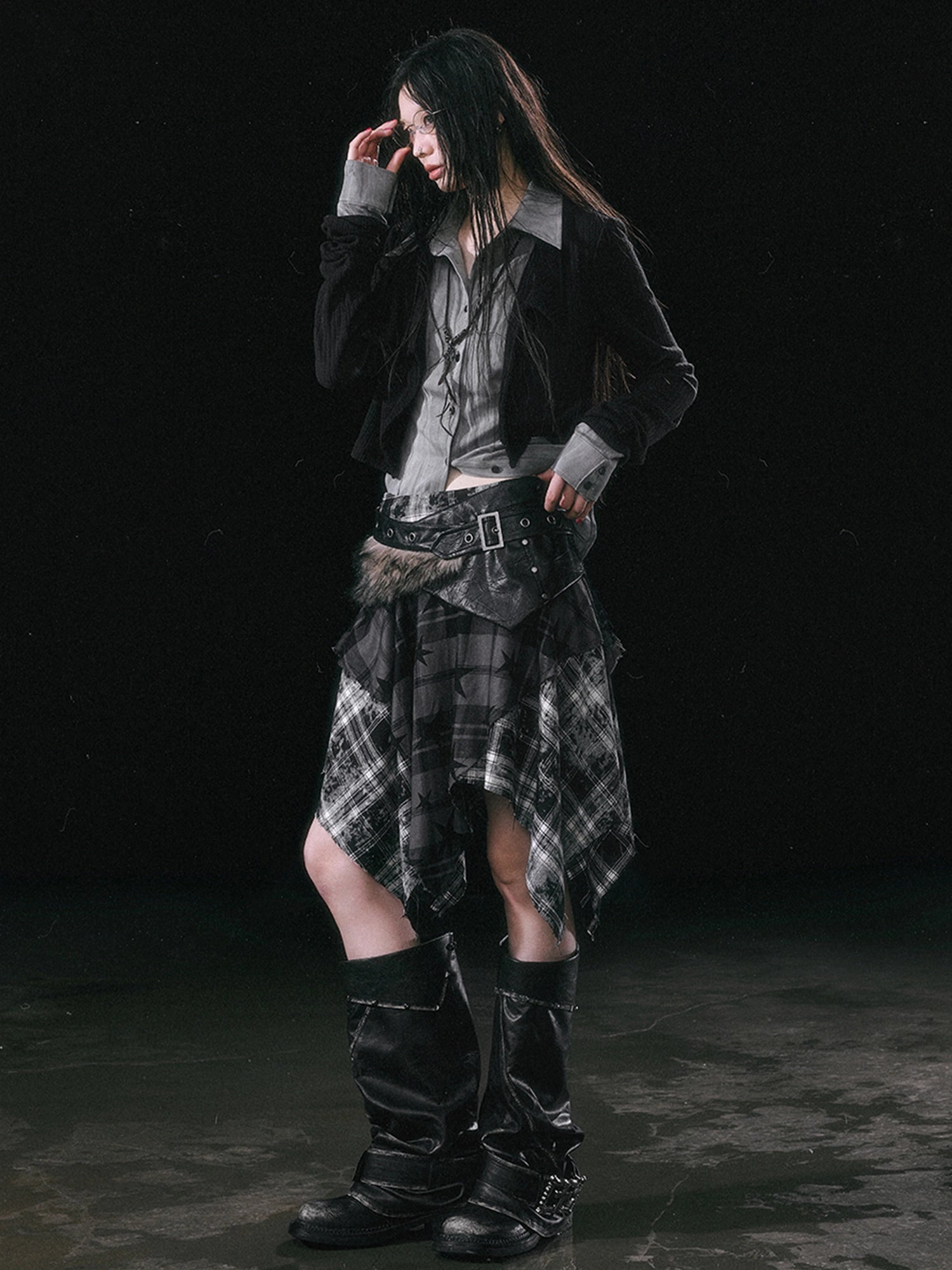 Chinese Clothing Cest Nous Update Punk Grunge Frayed Checkerboard Midi Skirt With Detachable Belt
