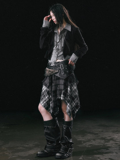 Chinese Clothing Cest Nous Update Punk Grunge Frayed Checkerboard Midi Skirt With Detachable Belt