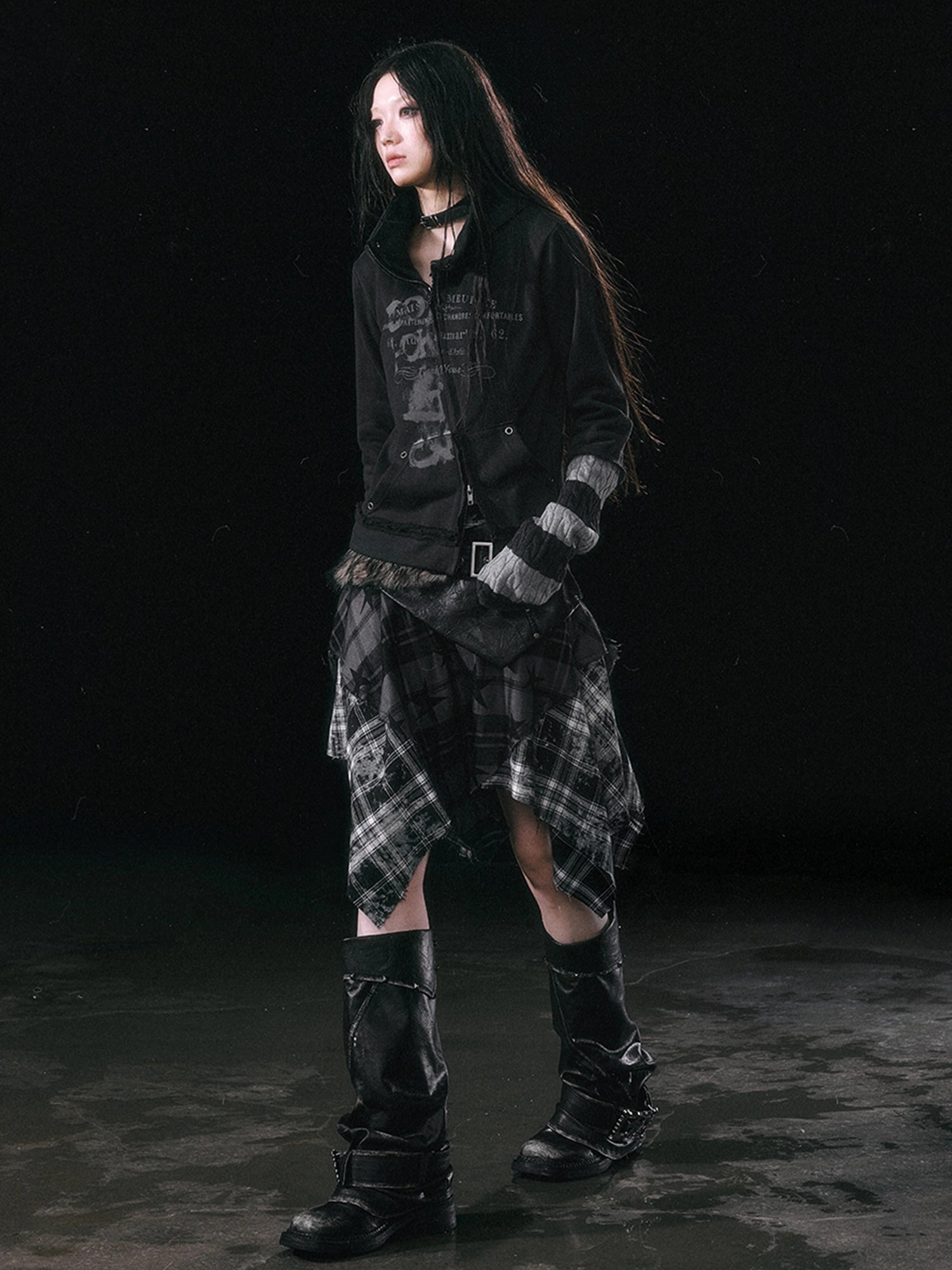 Chinese Clothing Cest Nous Update Punk Grunge Frayed Checkerboard Midi Skirt With Detachable Belt