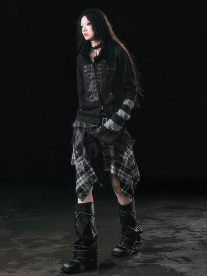 Chinese Clothing Cest Nous Update Punk Grunge Frayed Checkerboard Midi Skirt With Detachable Belt