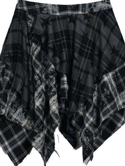 Chinese Clothing Cest Nous Update Punk Grunge Frayed Checkerboard Midi Skirt With Detachable Belt