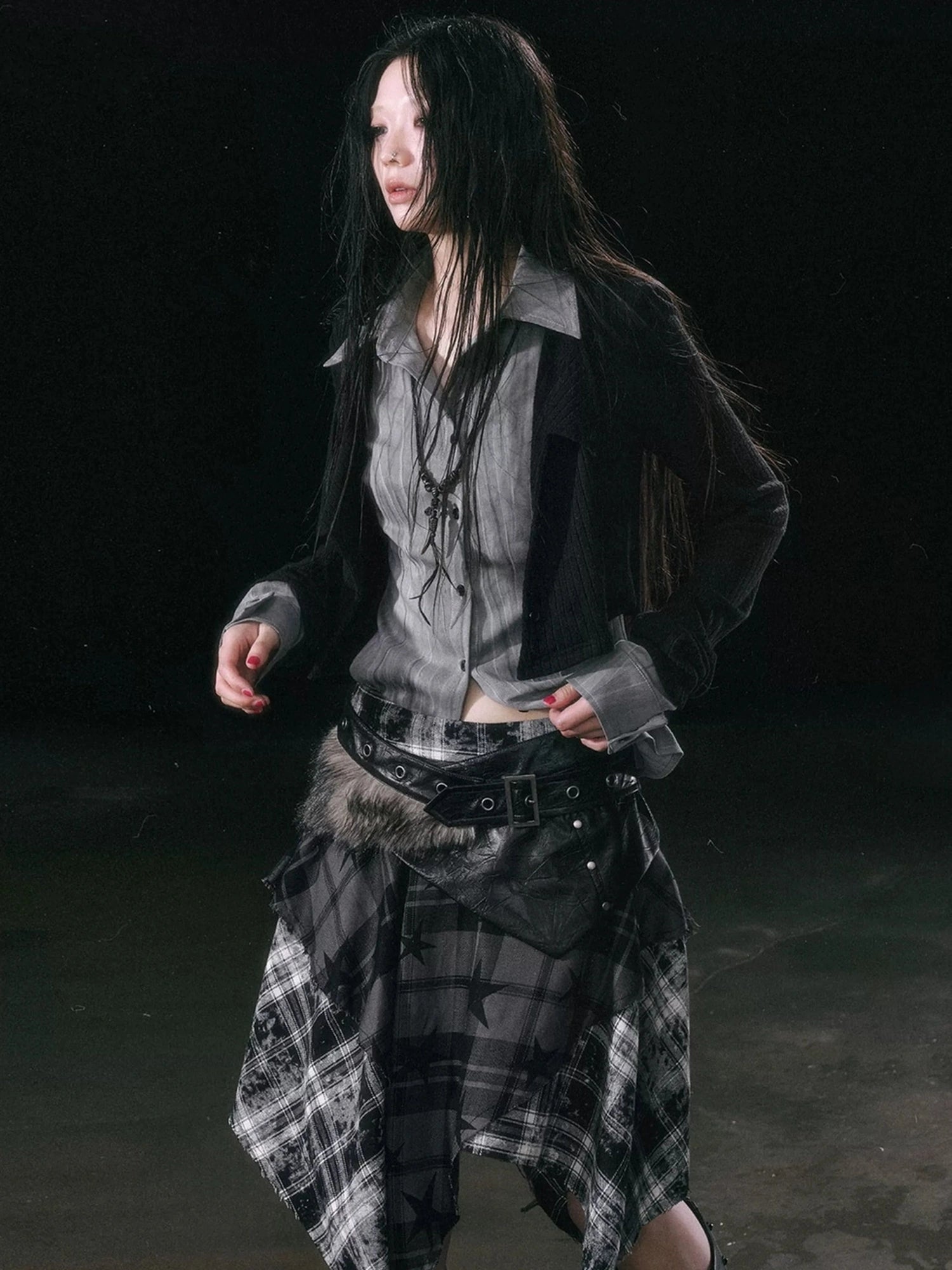 Chinese Clothing Cest Nous Update Punk Grunge Frayed Checkerboard Midi Skirt With Detachable Belt