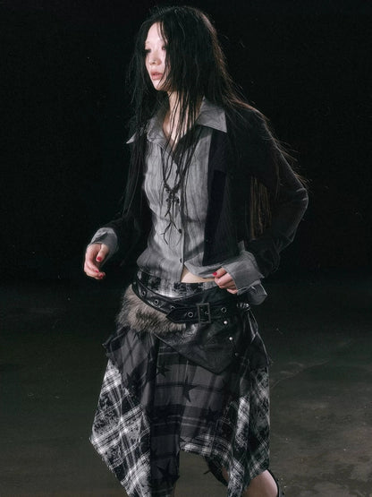 Chinese Clothing Cest Nous Update Punk Grunge Frayed Checkerboard Midi Skirt With Detachable Belt