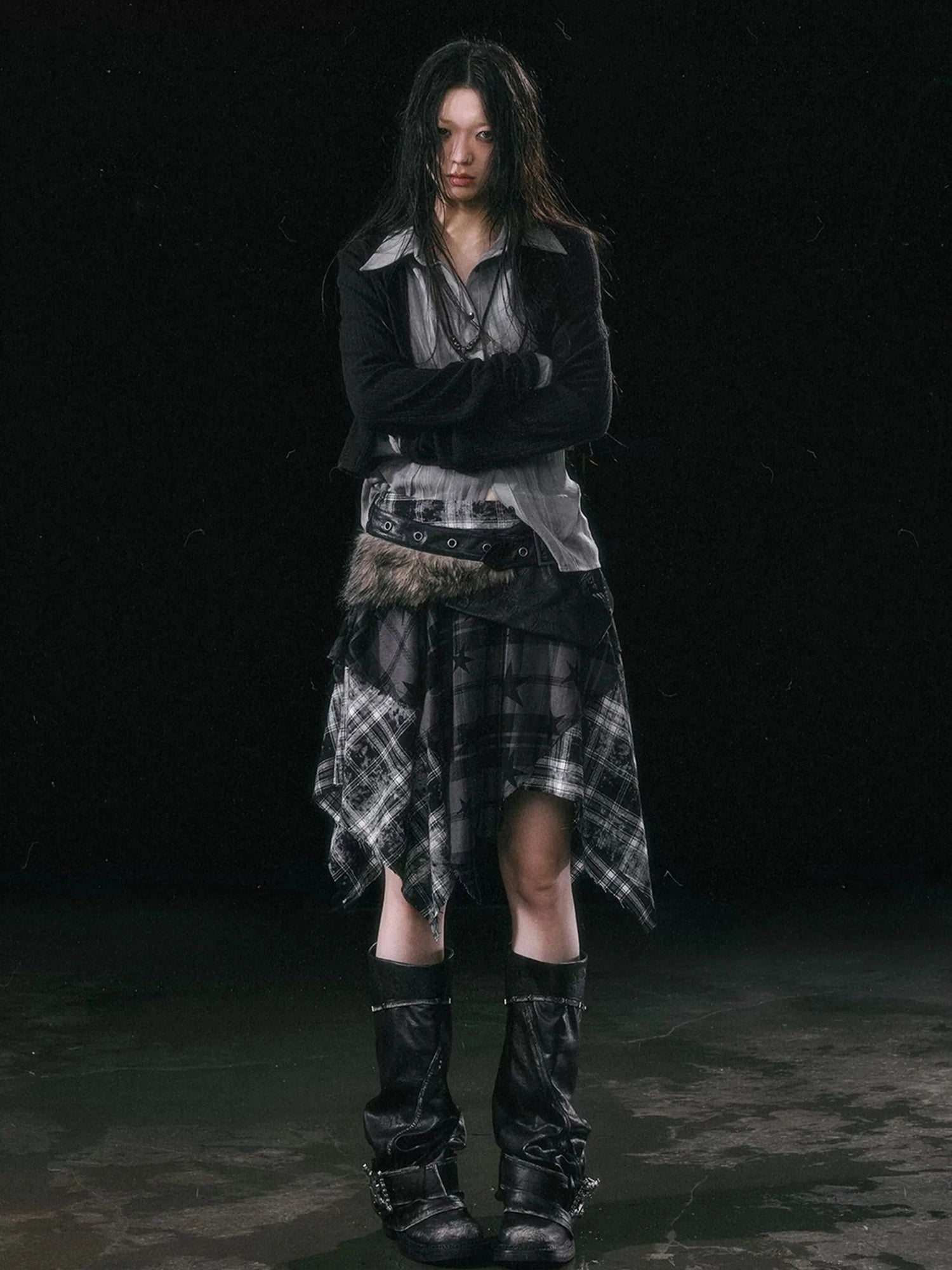 Chinese Clothing Cest Nous Update Punk Grunge Frayed Checkerboard Midi Skirt With Detachable Belt