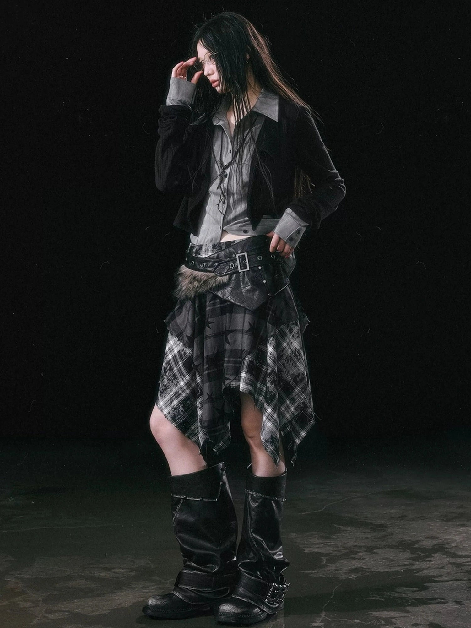Chinese Clothing Cest Nous Update Punk Grunge Frayed Checkerboard Midi Skirt With Detachable Belt
