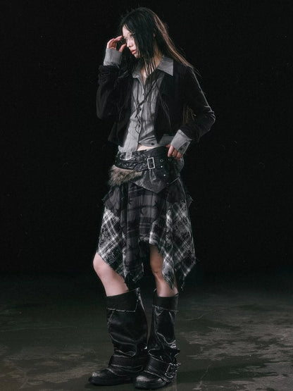 Chinese Clothing Cest Nous Update Punk Grunge Frayed Checkerboard Midi Skirt With Detachable Belt