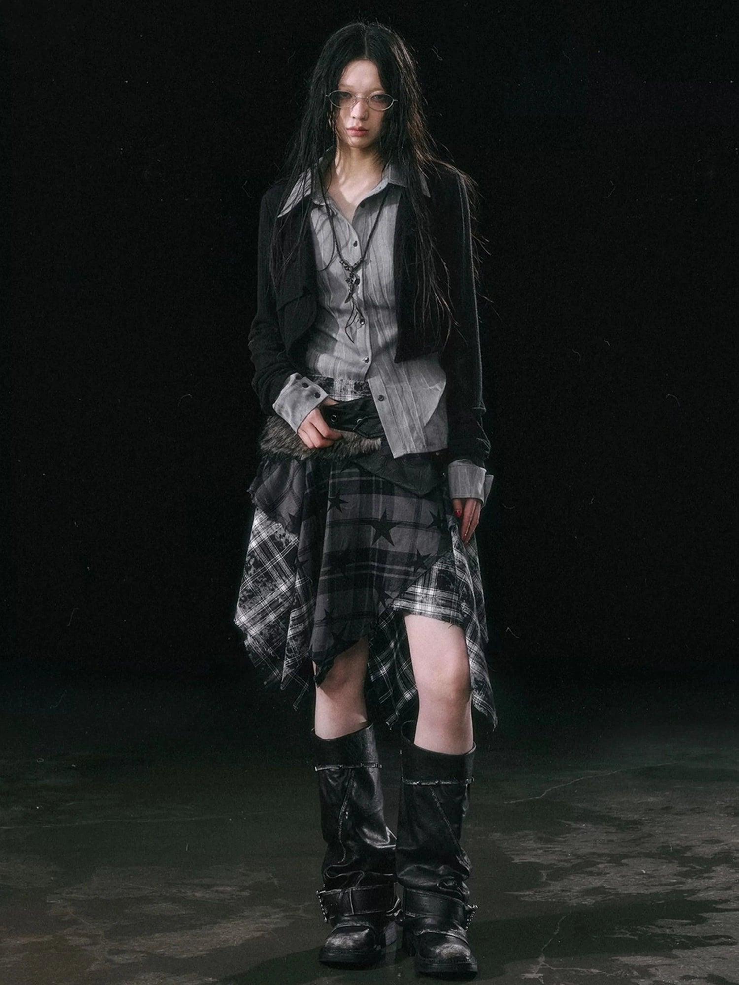 Chinese Clothing Cest Nous Update Punk Grunge Frayed Checkerboard Midi Skirt With Detachable Belt