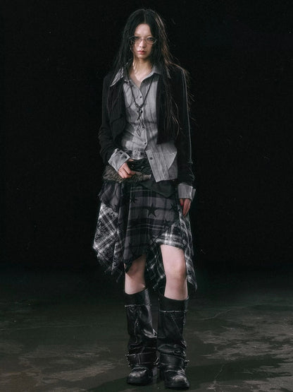 Chinese Clothing Cest Nous Update Punk Grunge Frayed Checkerboard Midi Skirt With Detachable Belt