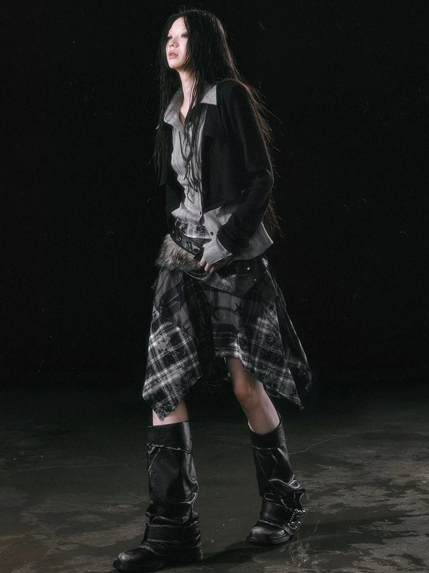Chinese Clothing Cest Nous Update Punk Grunge Frayed Checkerboard Midi Skirt With Detachable Belt