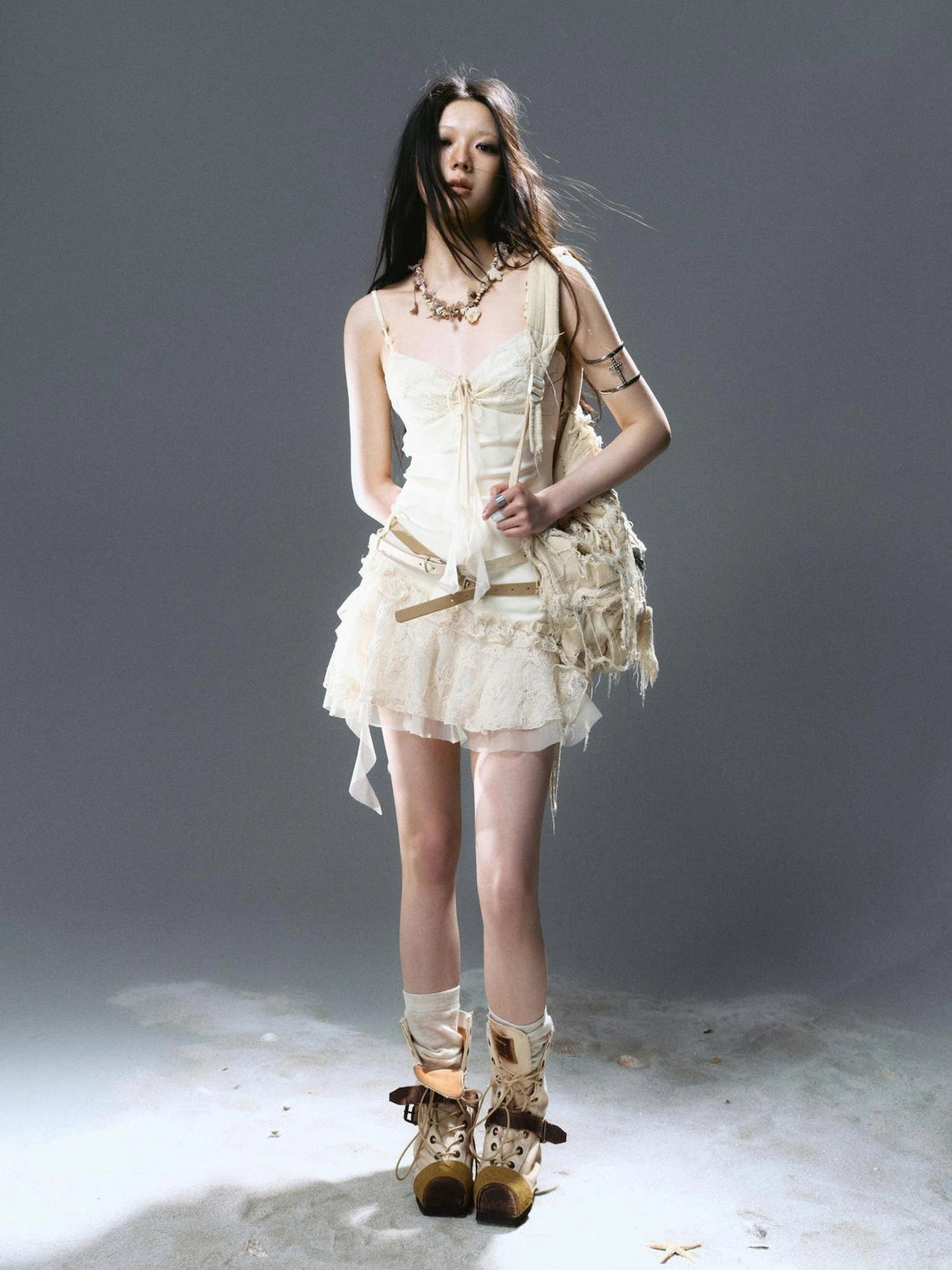 Chinese Clothing Cest Nous Update Punk Lace Beaded Belted Slip V-neck Dress