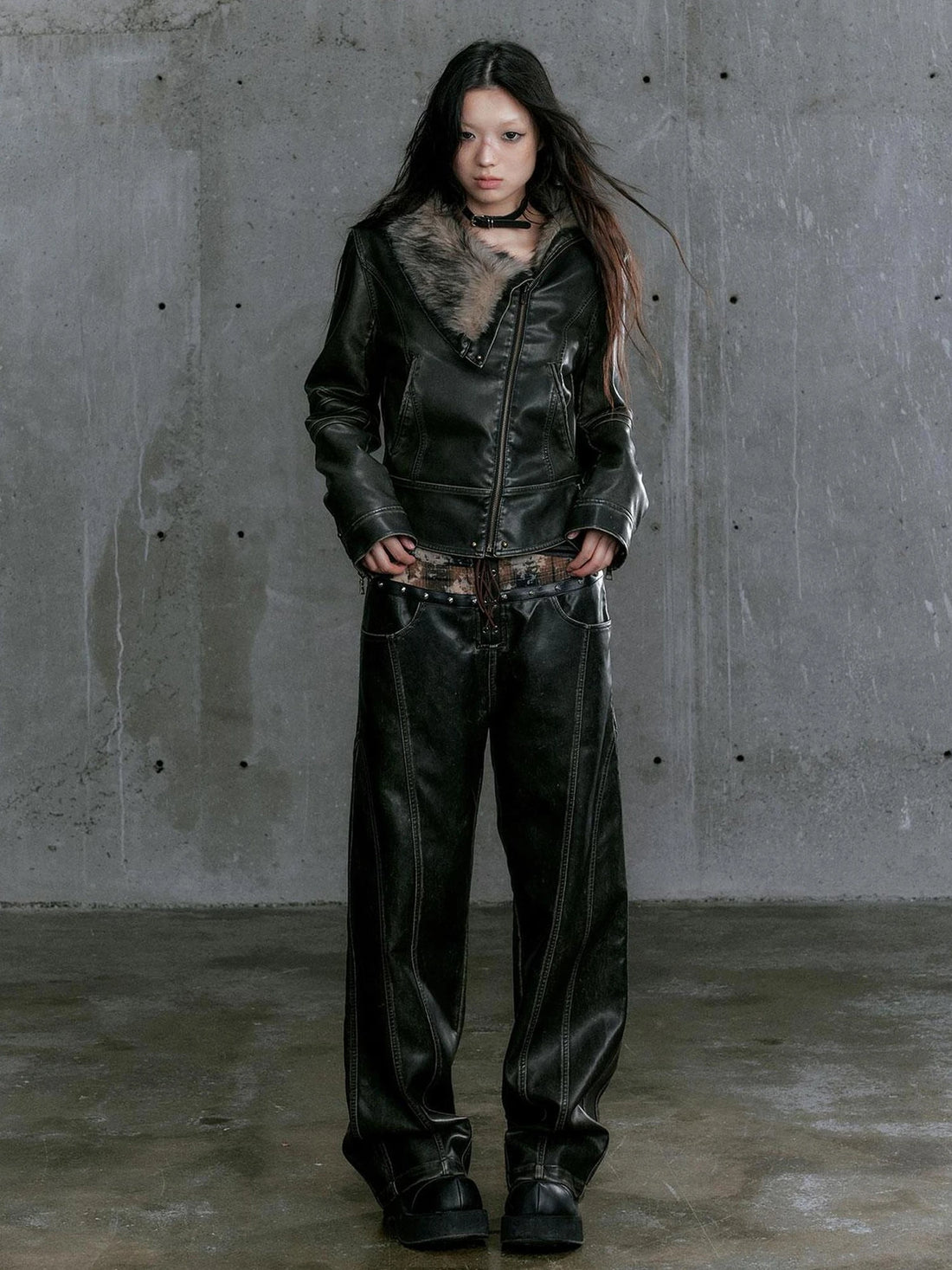 Chinese Clothing Cest Nous Update Punk Lace Up Patchwork Low Rise Wide Leg Jeans