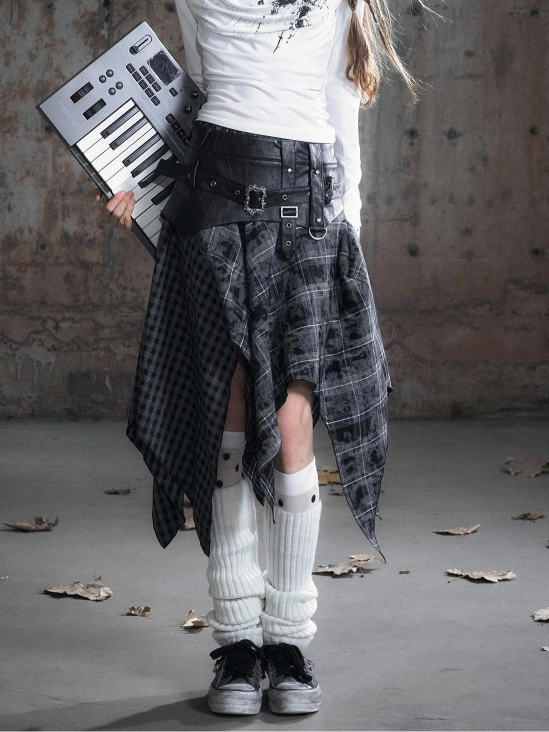 Chinese Clothing Cest Nous Update Punk Patchwork Velvet Skirt With Asymmetric Plaid Hem