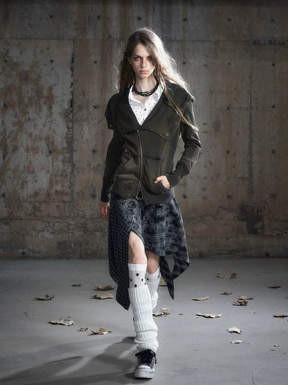 Chinese Clothing Cest Nous Update Punk Patchwork Velvet Skirt With Asymmetric Plaid Hem