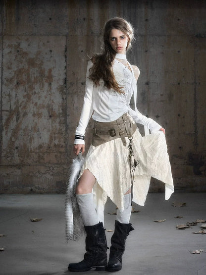 Chinese Clothing Cest Nous Update Punk Patchwork Velvet Skirt With Asymmetric Plaid Hem