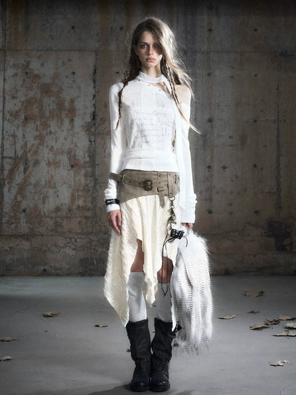 Chinese Clothing Cest Nous Update Punk Patchwork Velvet Skirt With Asymmetric Plaid Hem