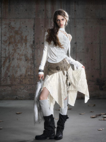 Chinese Clothing Cest Nous Update Punk Patchwork Velvet Skirt With Asymmetric Plaid Hem