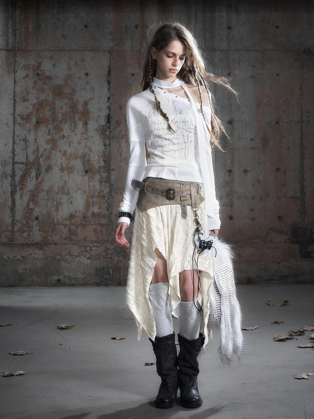 Chinese Clothing Cest Nous Update Punk Patchwork Velvet Skirt With Asymmetric Plaid Hem