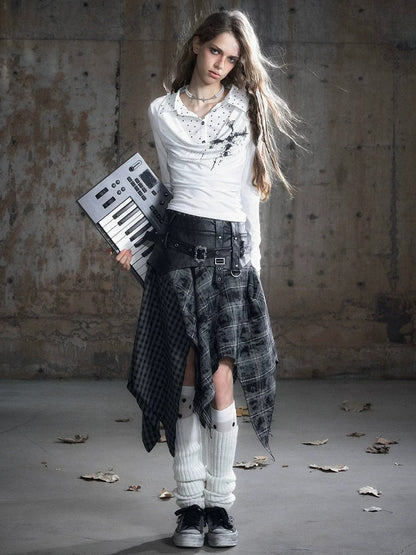 Chinese Clothing Cest Nous Update Punk Patchwork Velvet Skirt With Asymmetric Plaid Hem