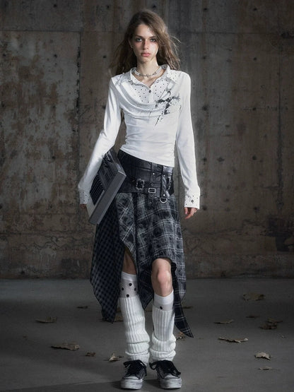 Chinese Clothing Cest Nous Update Punk Patchwork Velvet Skirt With Asymmetric Plaid Hem