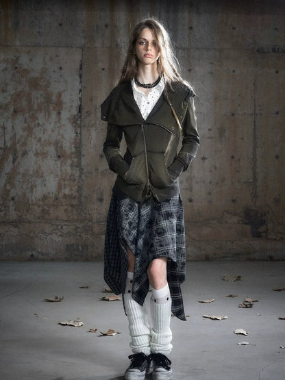 Chinese Clothing Cest Nous Update Punk Patchwork Velvet Skirt With Asymmetric Plaid Hem