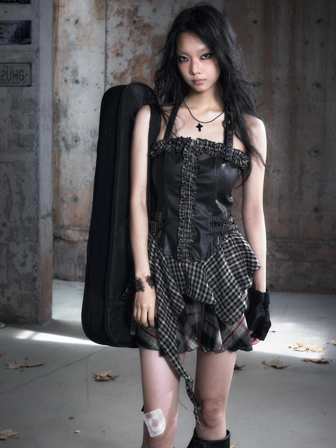 Chinese Clothing Cest Nous Update Punk Plaid Velvet Slip V-neck Dress