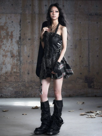 Chinese Clothing Cest Nous Update Punk Plaid Velvet Slip V-neck Dress