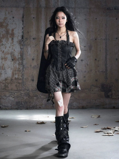 Chinese Clothing Cest Nous Update Punk Plaid Velvet Slip V-neck Dress
