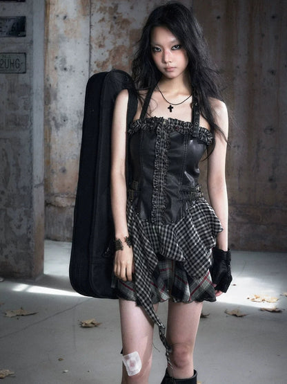 Chinese Clothing Cest Nous Update Punk Plaid Velvet Slip V-neck Dress
