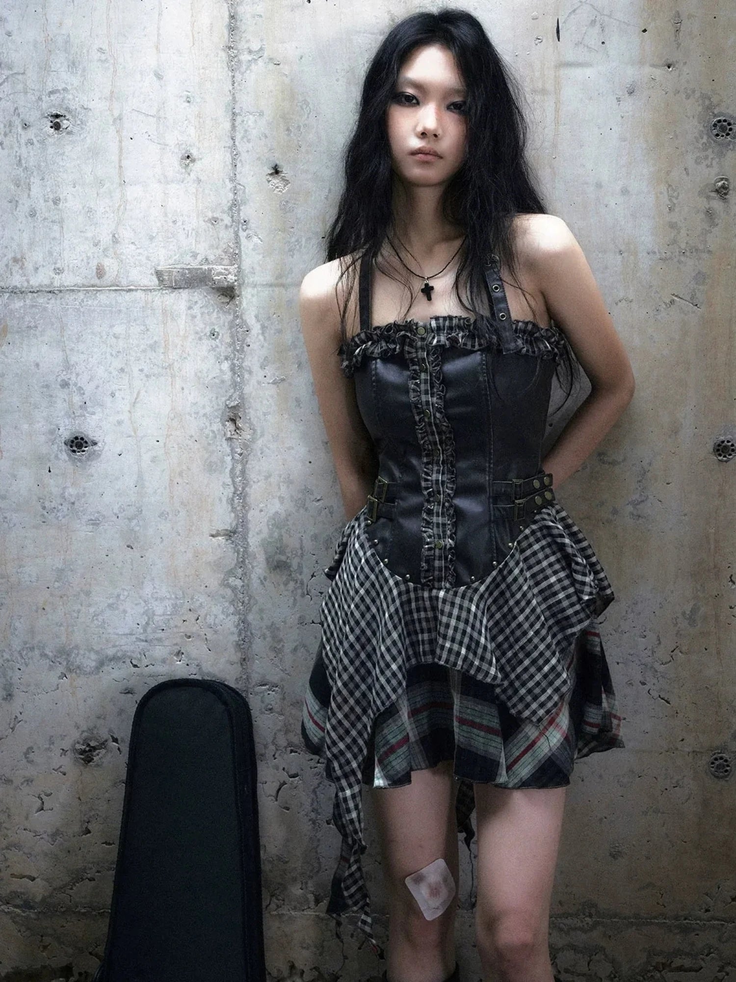 Chinese Clothing Cest Nous Update Punk Plaid Velvet Slip V-neck Dress