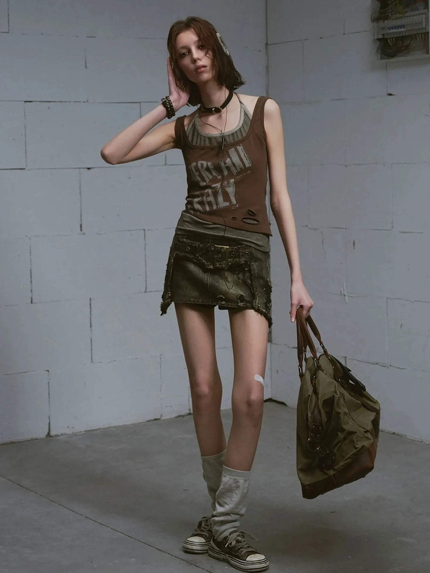 Chinese Clothing Cest Nous Update Punk Print Layered Camisole V-neck T-shirt Long Sleeve
